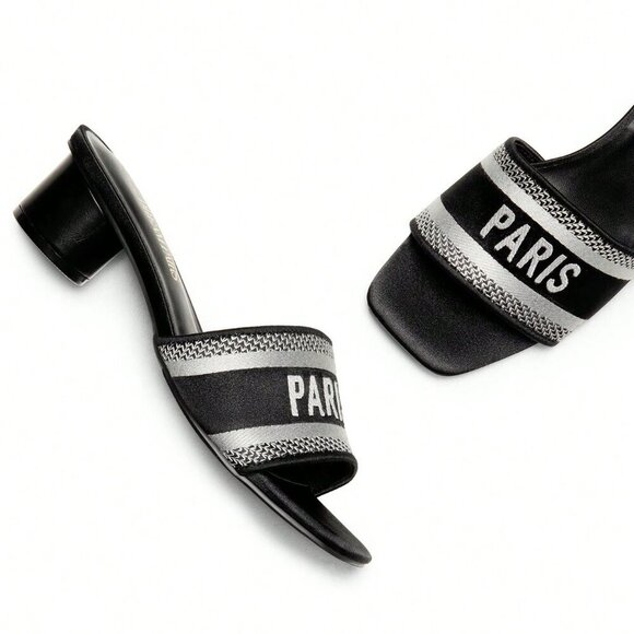 Black Glamorous Women's Glittery Chunky Heeled Square Toe Mule Sandals - Picture 2 of 7